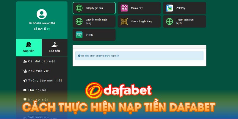 Cách thực hiện nạp tiền Dafabet